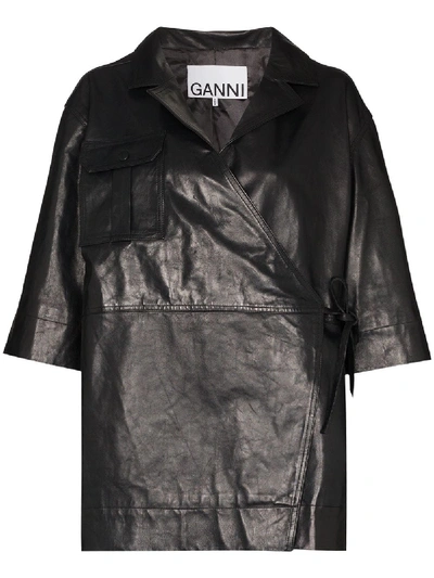 Shop Ganni Wrap Leather Jacket In Black
