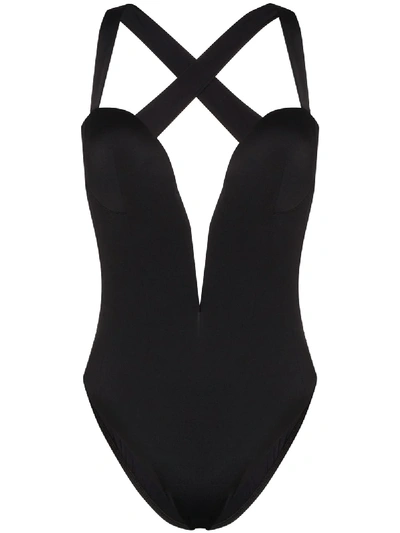 Shop Versace Low-cut Swimsuit In Black