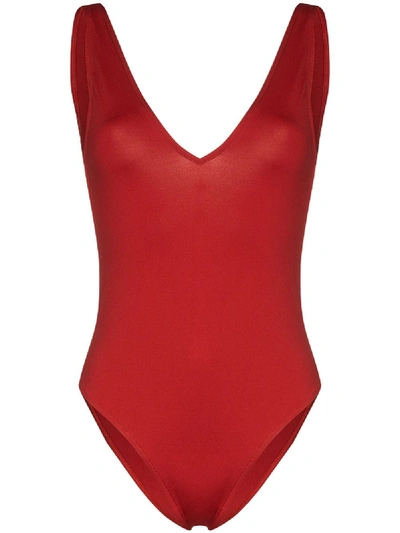 Shop Asceno Comporta V-neck Swimsuit In Red