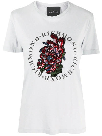 Shop John Richmond Floral Sequin Embroidered T-shirt In Grey