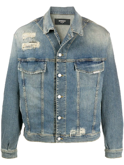 Shop Represent Distressed-effect Denim Jacket In Blue