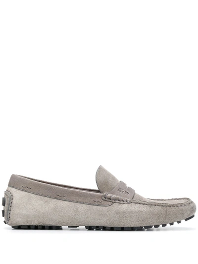 Shop Hugo Boss Round Toe Loafers In Grey