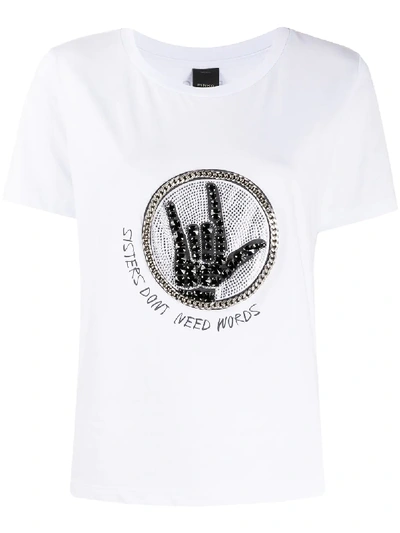 Shop Pinko Embellished Slogan Print T-shirt In White