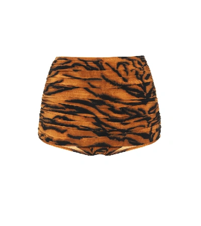 Shop Norma Kamali Bill Tiger-print High-rise Bikini Bottoms In Orange