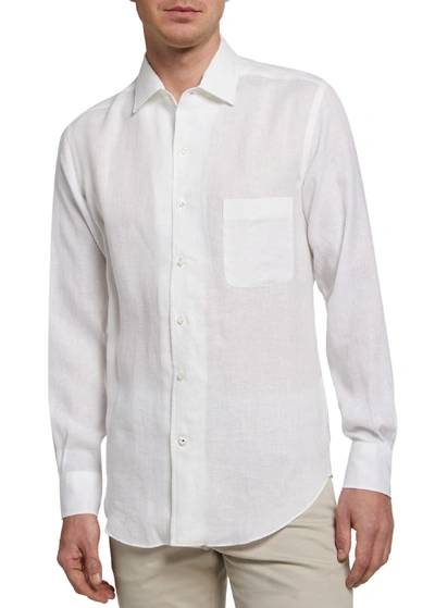 Shop Loro Piana Men's Andrew Long-sleeve Linen Shirt In White