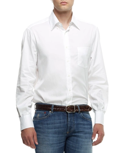 Shop Brunello Cucinelli Men's Basic Fit Solid Sport Shirt With Button-down Collar In White
