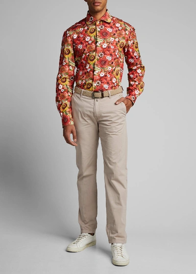 Shop Kiton Men's Floral Cotton Sport Shirt In Red