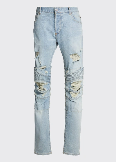 Shop Balmain Men's Destroyed Slim-fit Moto Jeans In Blue