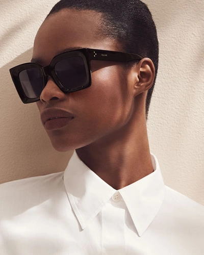 Shop Celine Rectangle Acetate Sunglasses In Shiny Black