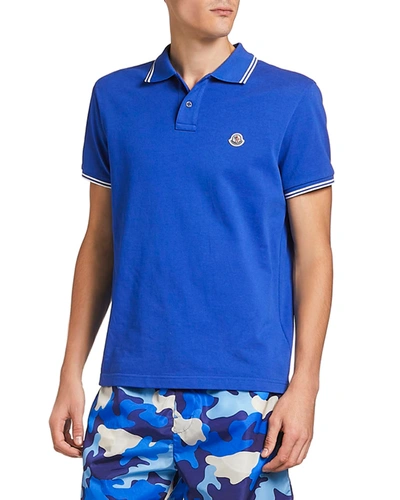 Shop Moncler Men's Striped-trim Polo Shirt In Blue
