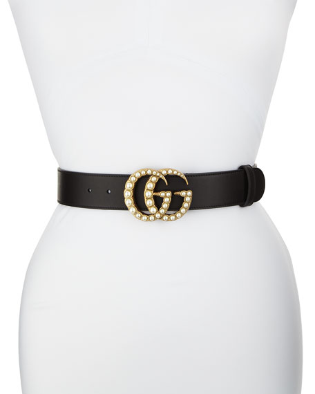 Gucci Imitation Pearl Logo Buckle Leather Belt In Black | ModeSens