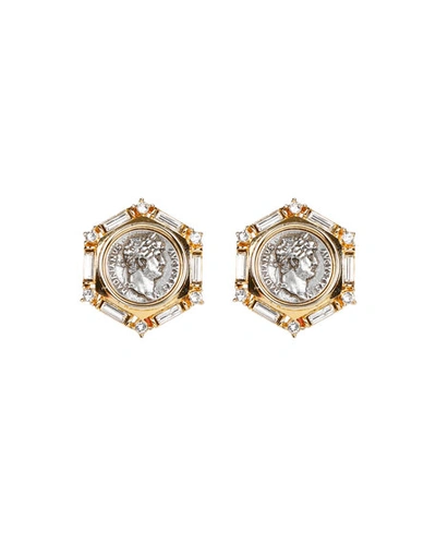 Shop Ben-amun Roman Coin And Crystal Clip Earrings In Gold