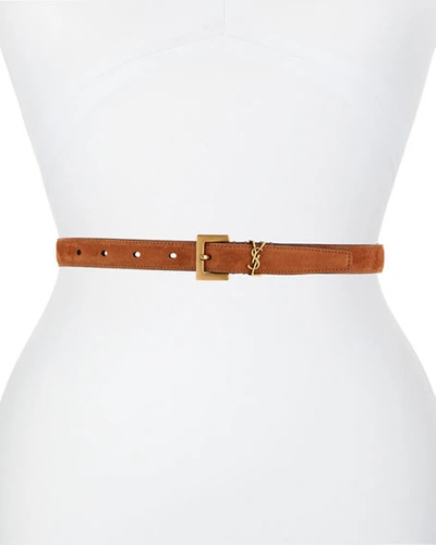 Shop Saint Laurent Ysl Monogram Suede Belt In Brown