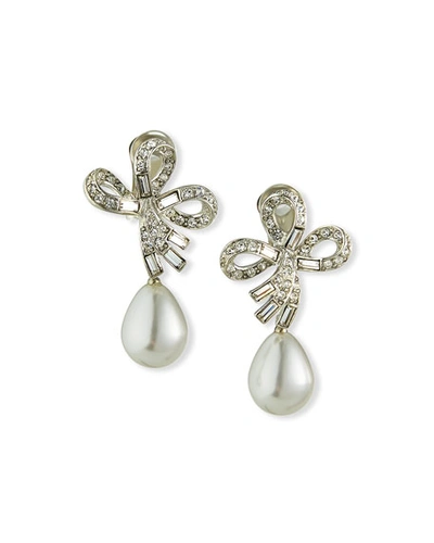 Shop Kenneth Jay Lane Crystal-bow Pearly Clip Earrings In Silver