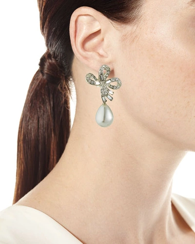 Shop Kenneth Jay Lane Crystal-bow Pearly Clip Earrings In Silver