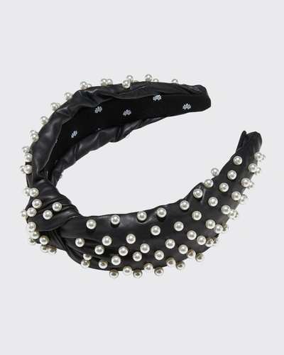 Shop Lele Sadoughi Faux Leather Pearly Knotted Headband In Jet