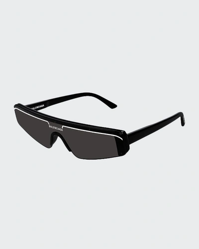 Shop Balenciaga Slim Rectangle Shield Sunglasses In Black/silver