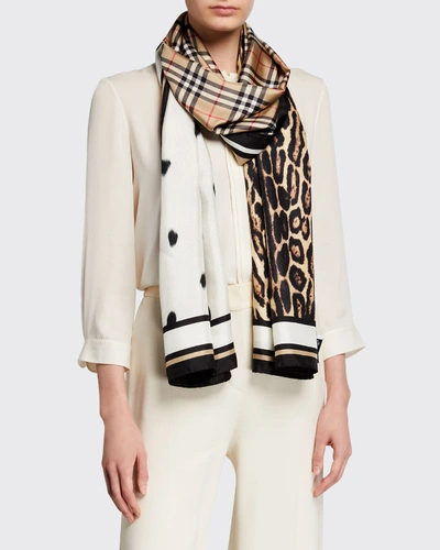 Shop Burberry Vintage Check Animal-print Silk Scarf In Archive Beige