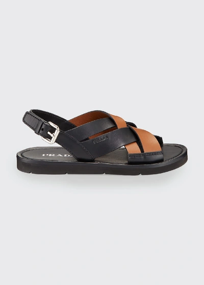 Shop Prada Colorblock Leather Flat Sandals In Black/brown