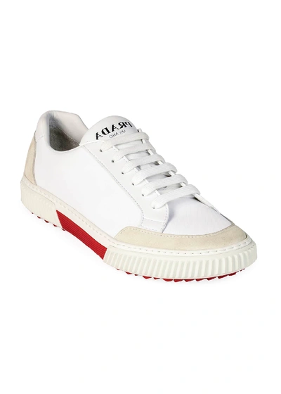 Shop Prada Men's Suede-trim Low-top Sneakers In White