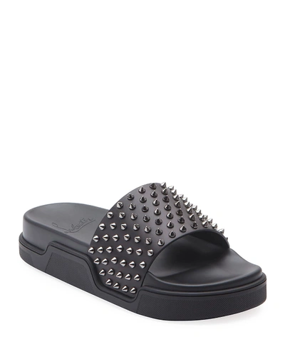 Shop Christian Louboutin Men's Pool Fun Spiked Leather Slide Sandals In Black