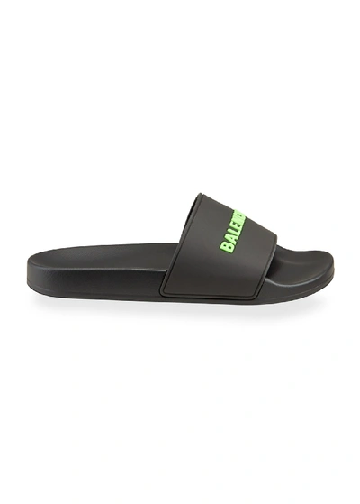 Shop Balenciaga Men's Rubber Logo Pool Slide Sandals In Black/green