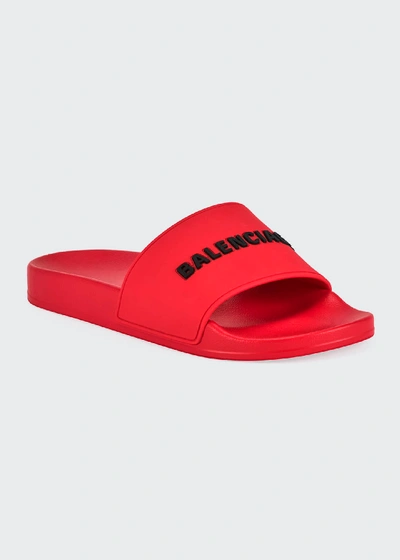 Shop Balenciaga Men's Logo Pool Slide Sandals In Black/white