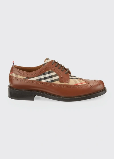 Shop Burberry Men's Arndale Vintage Check Brogue Leather Derby Shoes In Brown Pattern