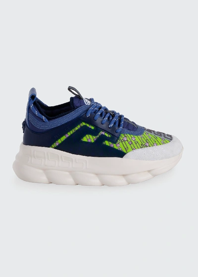 Shop Versace Men's Medusa/greek Key Chunky Sneakers In Blue/green