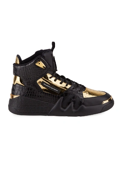 Shop Giuseppe Zanotti Men's Talon Metallic & Croc-embossed Leather Sneakers In Black/gold