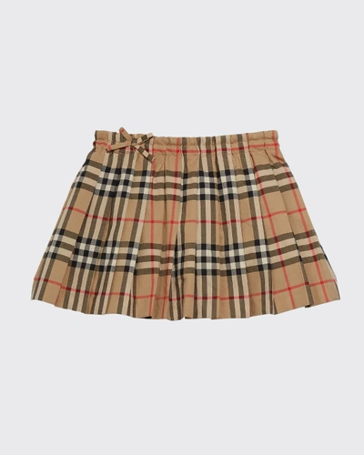 Shop Burberry Girl's Pearly Archive Check Pleated Skirt In Beige