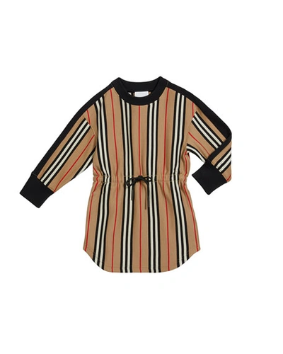 Shop Burberry Girl's Arielle Icon Stripe Tie Waist Dress In Beige