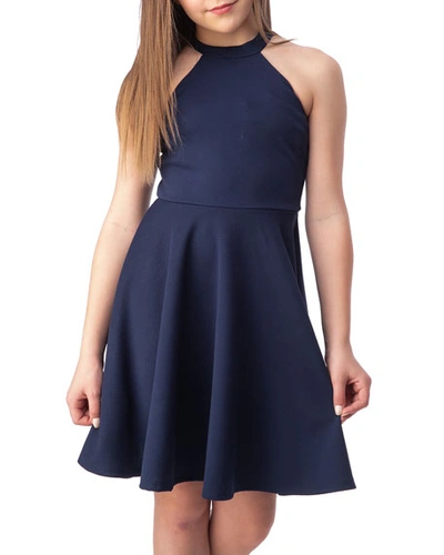 Un Deux Trois Girl's Halter Keyhole-back Dress In Navy