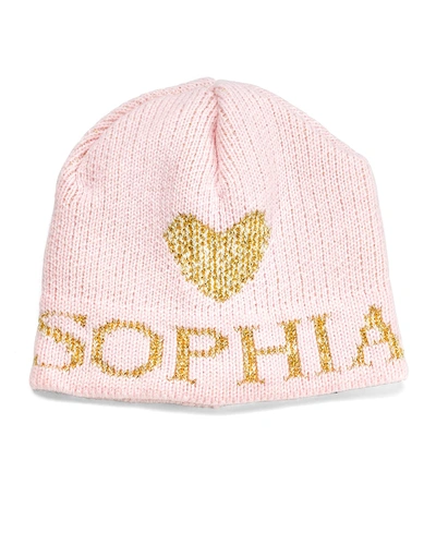 Butterscotch Blankees Kid's Single Heart Metallic Beanie Hat In Pale Pink/gold