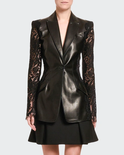 Shop Alexander Mcqueen Leather Blazer With Lace Sleeves In Black