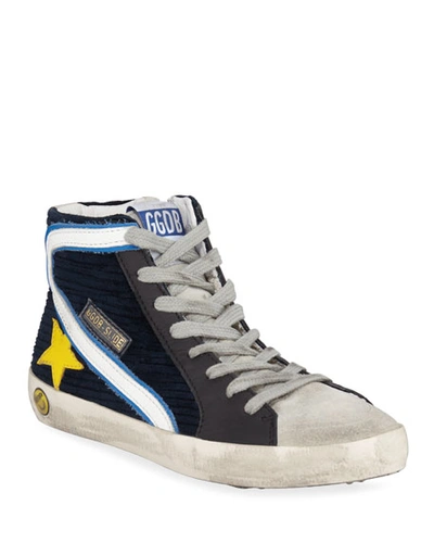 Shop Golden Goose Boy's Slide High-top Corduroy Sneakers, Toddler/kids In Blue