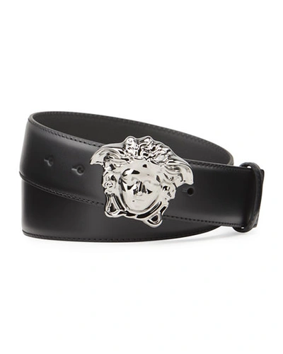Shop Versace Leather Medusa-buckle Belt In Black/silver