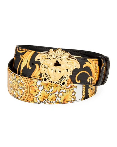 Shop Versace Men's Reversible Barocco Medusa Leather Belt In Black/gold