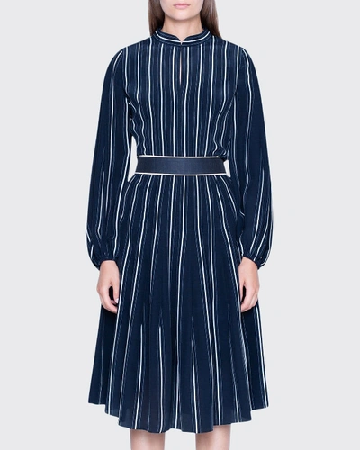 Shop Akris Striped Silk Banded-collar Dress In White/blue