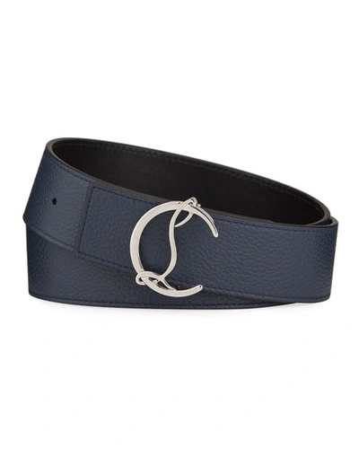 Shop Christian Louboutin Men's Cl Logo Empire Leather Belt In Navy