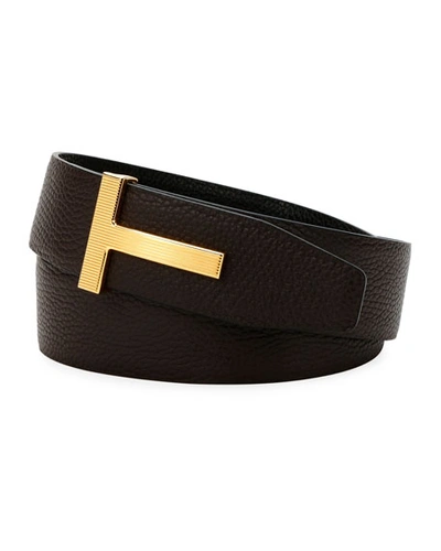 Shop Tom Ford Men's Ridged T-buckle Leather Belt In Brown