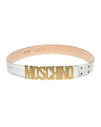 Shop Moschino Men's Leather Logo-buckle Belt In White/gold