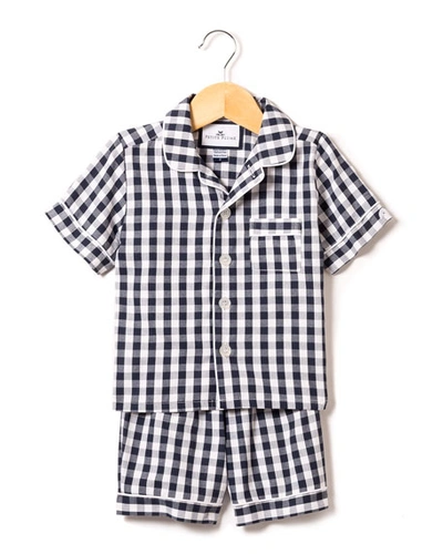 Shop Petite Plume Kid's Gingham Twill Pajama Set W/ Contrast Piping In Navy Gingham