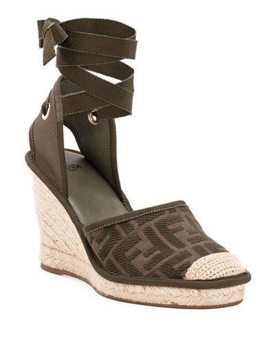 Shop Fendi Ff Logo Ankle-wrap Wedge Espadrilles In Green