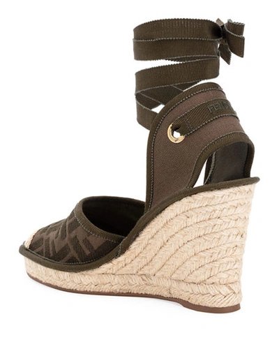 Shop Fendi Ff Logo Ankle-wrap Wedge Espadrilles In Green