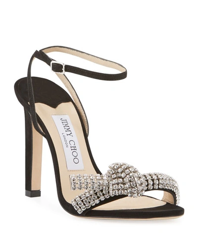 Shop Jimmy Choo Thyra 100mm Suede Sandals With Crystal Knot In Black