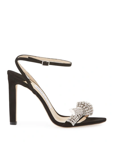 Shop Jimmy Choo Thyra 100mm Suede Sandals With Crystal Knot In Black