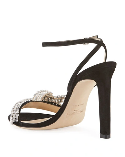 Shop Jimmy Choo Thyra 100mm Suede Sandals With Crystal Knot In Black