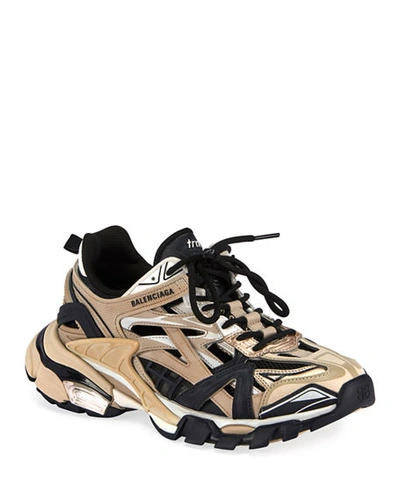 Shop Balenciaga Track 2 Open Metallic Sneakers In Medium Beige