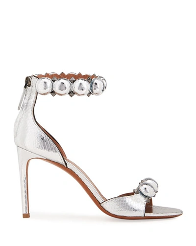 Shop Alaïa Bombe Stud Snakeskin Ankle-wrap Sandals In Gray